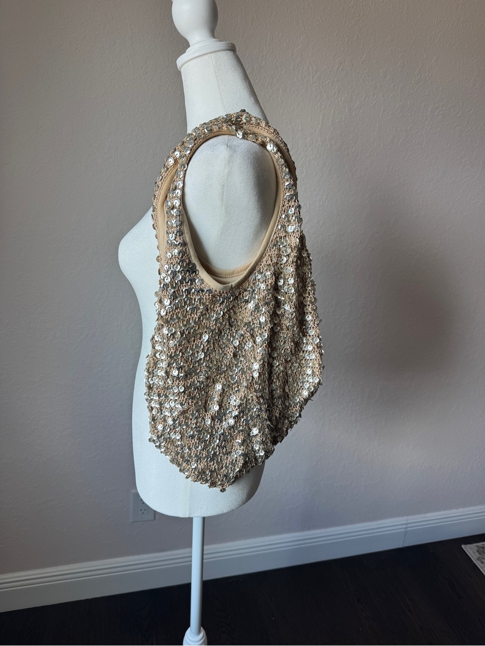 Y2K Champagne Sequin Slouchy Hobo Shoulder Bag Party Purse